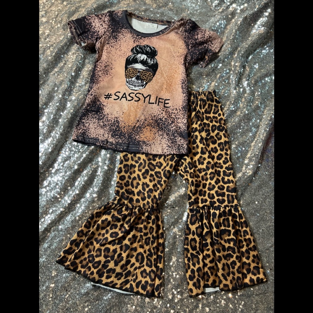 Sassy Life Acid Distressed Tee with Matching Leopard Bell Bottoms